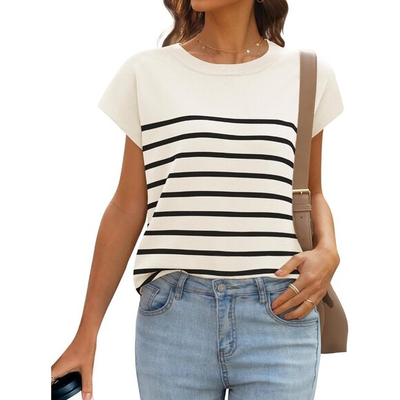 Tops - Women's Cap Sleeve Striped Tops 2024 Batwing Short Sleeve Summer Crewneck